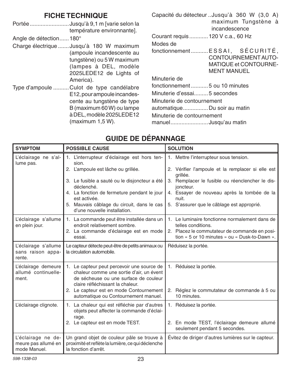 Guide de dépannage fiche technique | Heath Zenith Motion Sensing Diecast Metal Lantern 9600LED series User Manual | Page 23 / 24