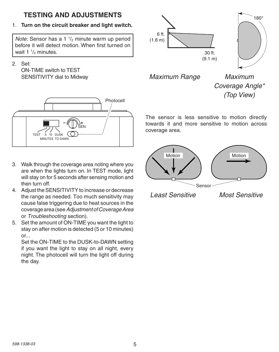 Testing and adjustments, Maximum range maximum coverage angle* (top view), Least sensitive most sensitive | Heath Zenith Motion Sensing Diecast Metal Lantern 9600LED series User Manual | Page 5 / 24