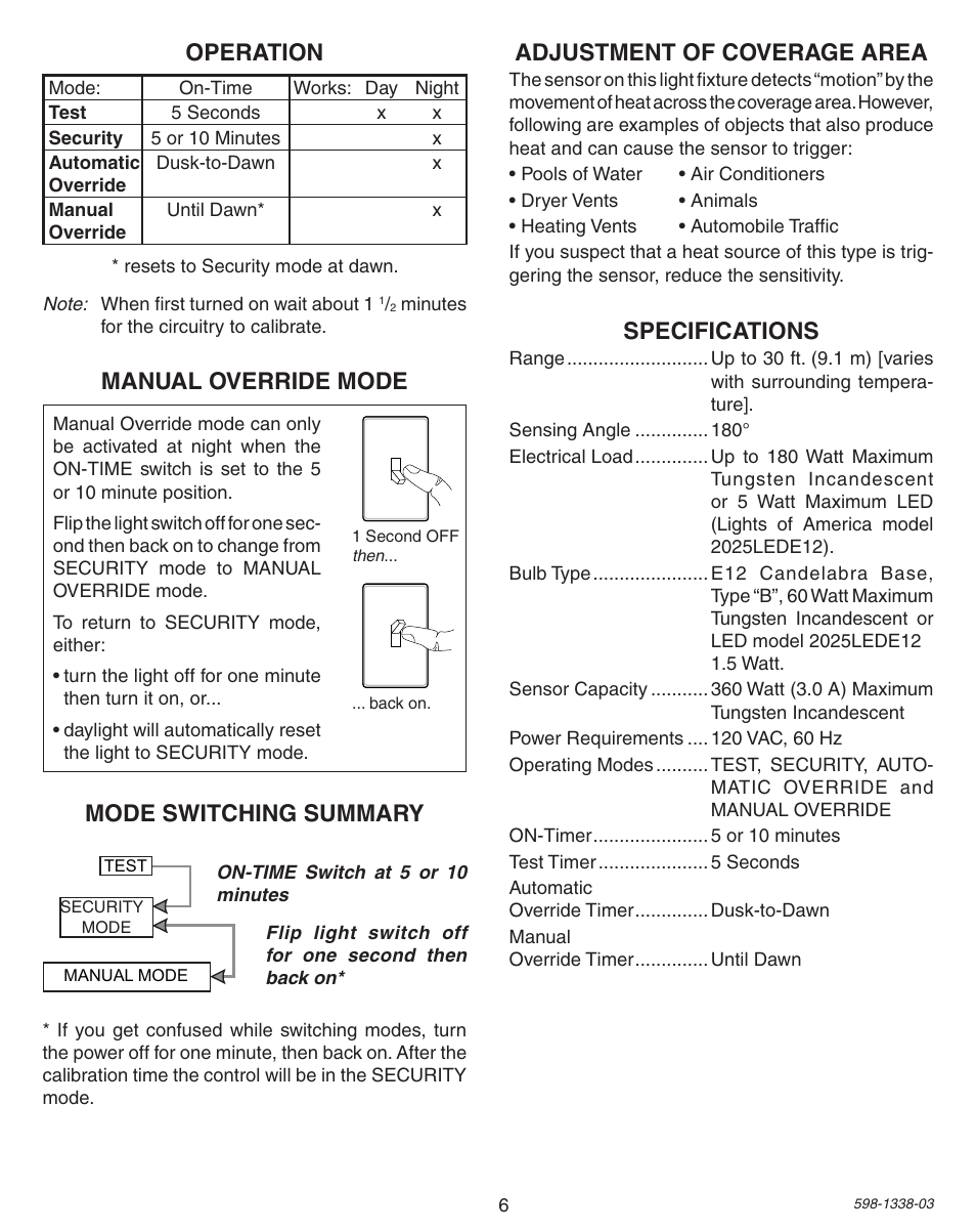 Operation, Mode switching summary, Manual override mode adjustment of coverage area | Specifications | Heath Zenith Motion Sensing Diecast Metal Lantern 9600LED series User Manual | Page 6 / 24