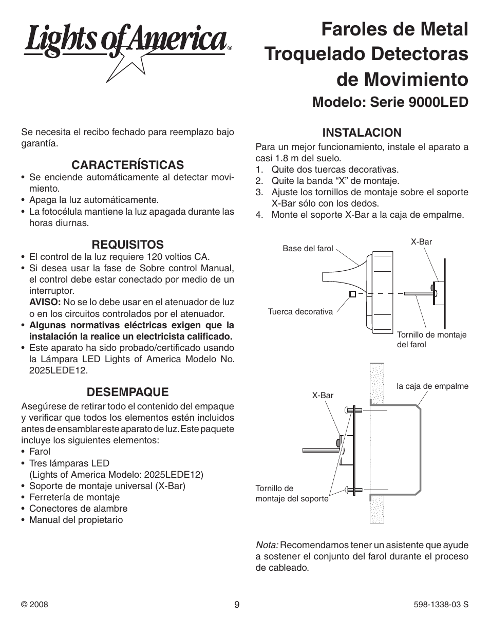 Modelo: serie 9000led | Heath Zenith Motion Sensing Diecast Metal Lantern 9600LED series User Manual | Page 9 / 24