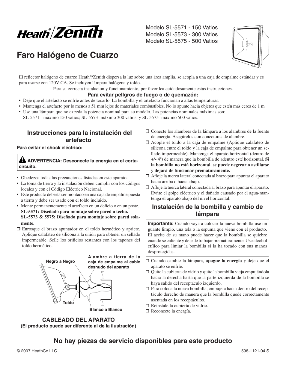 Faro halógeno de cuarzo, Instalación de la bombilla y cambio de lámpara, Instrucciones para la instalación del artefacto | Heath Zenith SL-5571 User Manual | Page 2 / 4