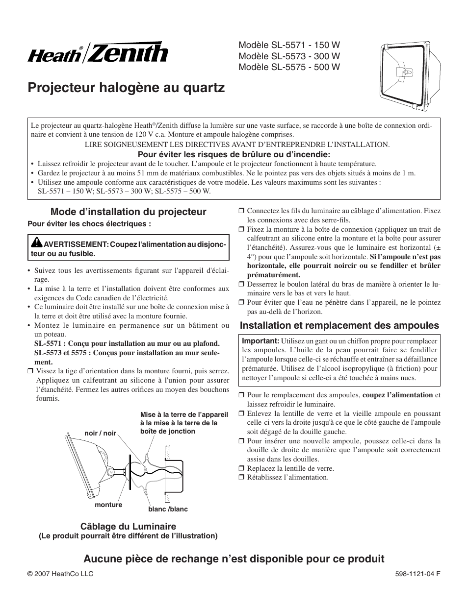 Projecteur halogène au quartz, Installation et remplacement des ampoules, Mode d’installation du projecteur | Heath Zenith SL-5571 User Manual | Page 3 / 4