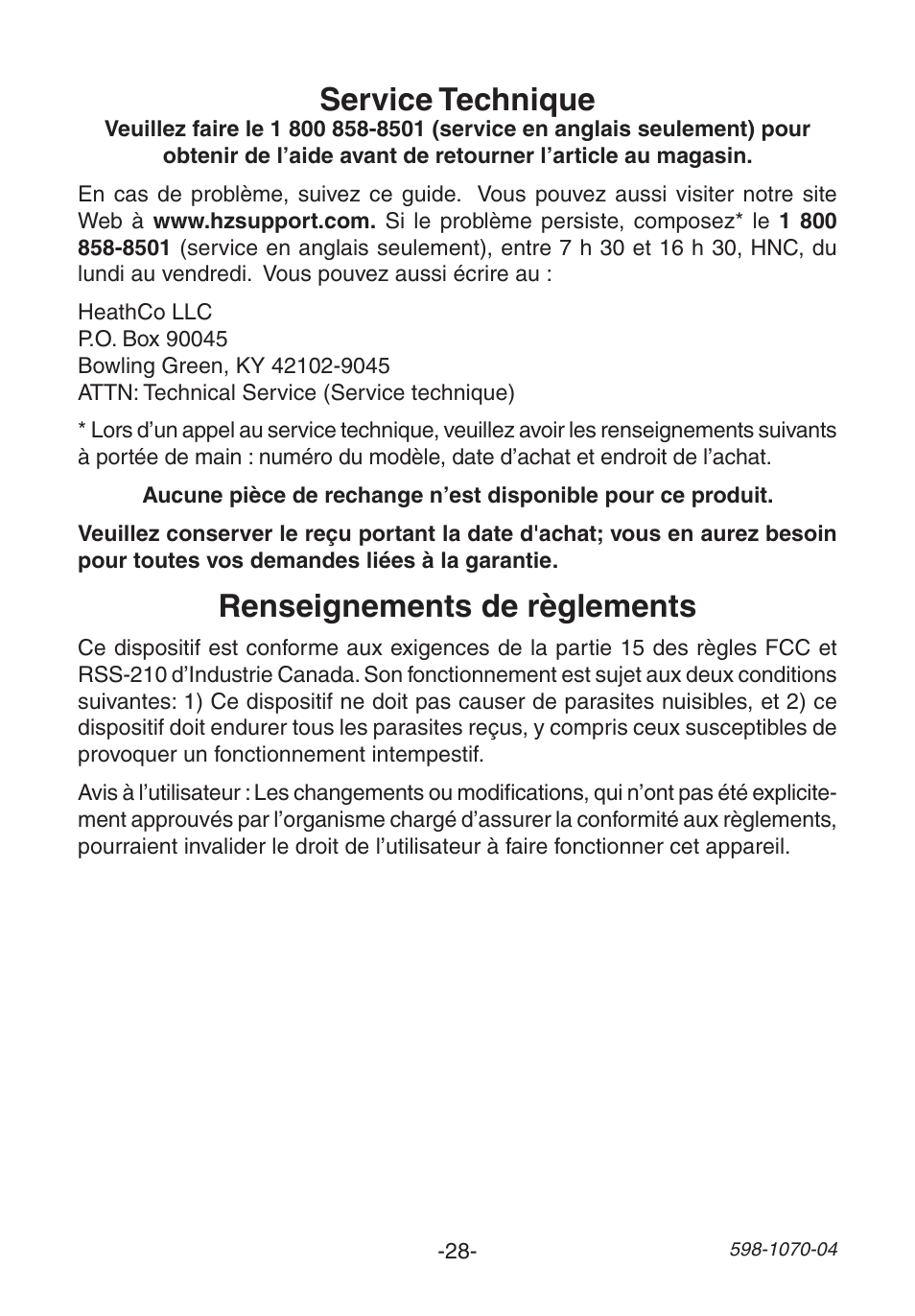 Service technique, Renseignements de règlements | Heath Zenith Chime Extender 6157 User Manual | Page 28 / 32
