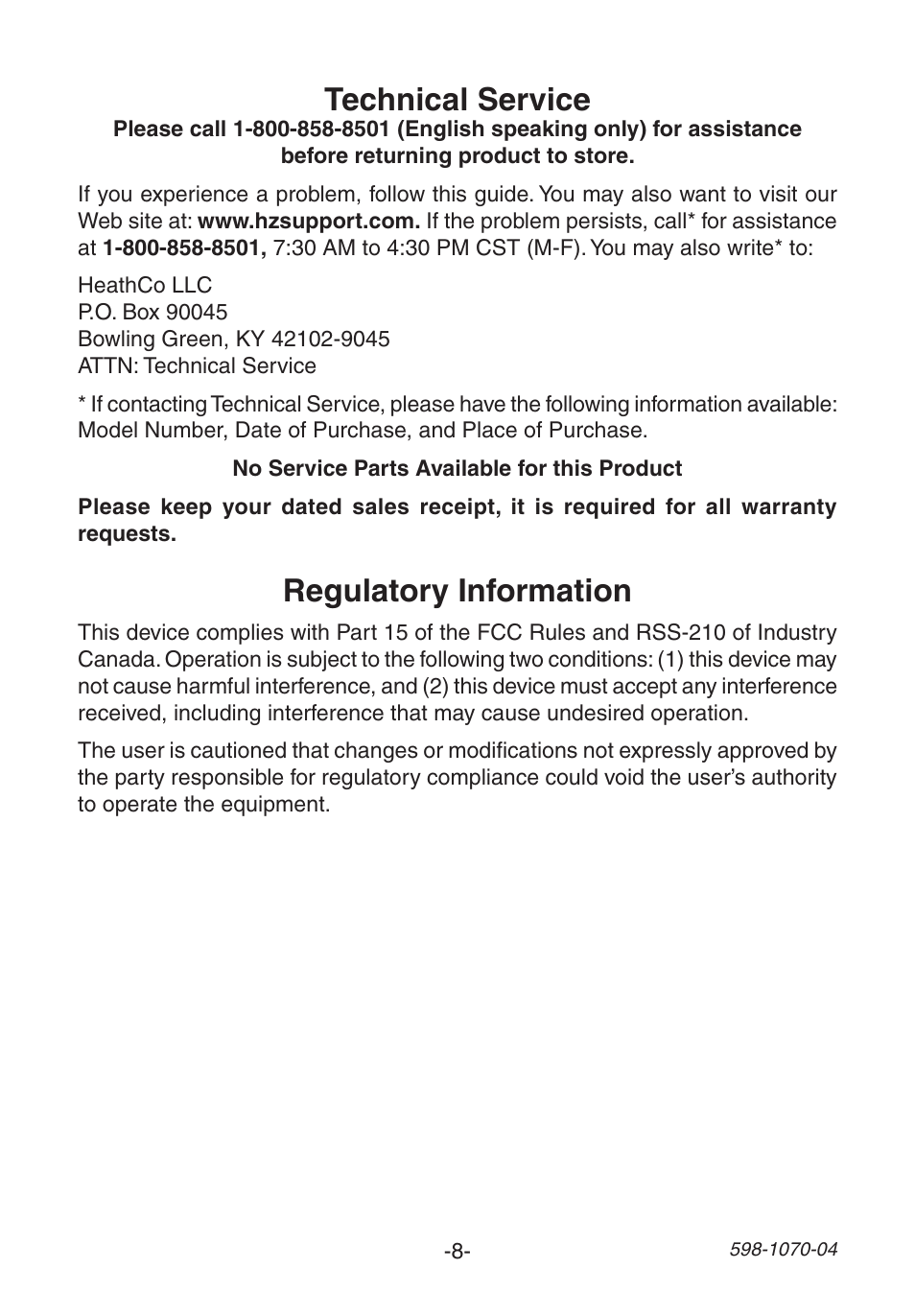 Technical service, Regulatory information | Heath Zenith Chime Extender 6157 User Manual | Page 8 / 32