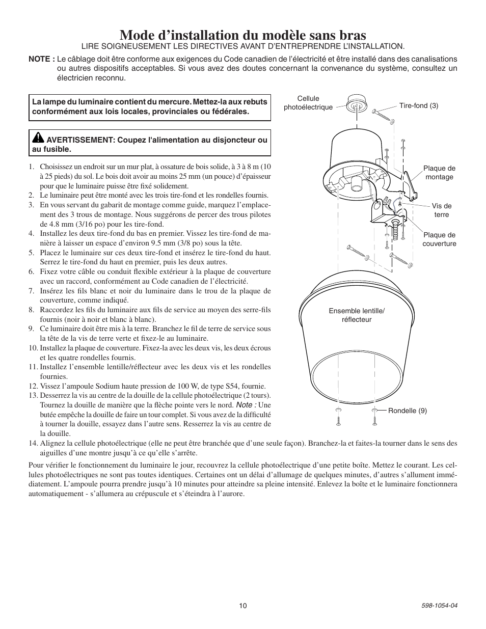 Mode d’installation du modèle sans bras | Heath Zenith Energy Star SL-5666 User Manual | Page 10 / 12