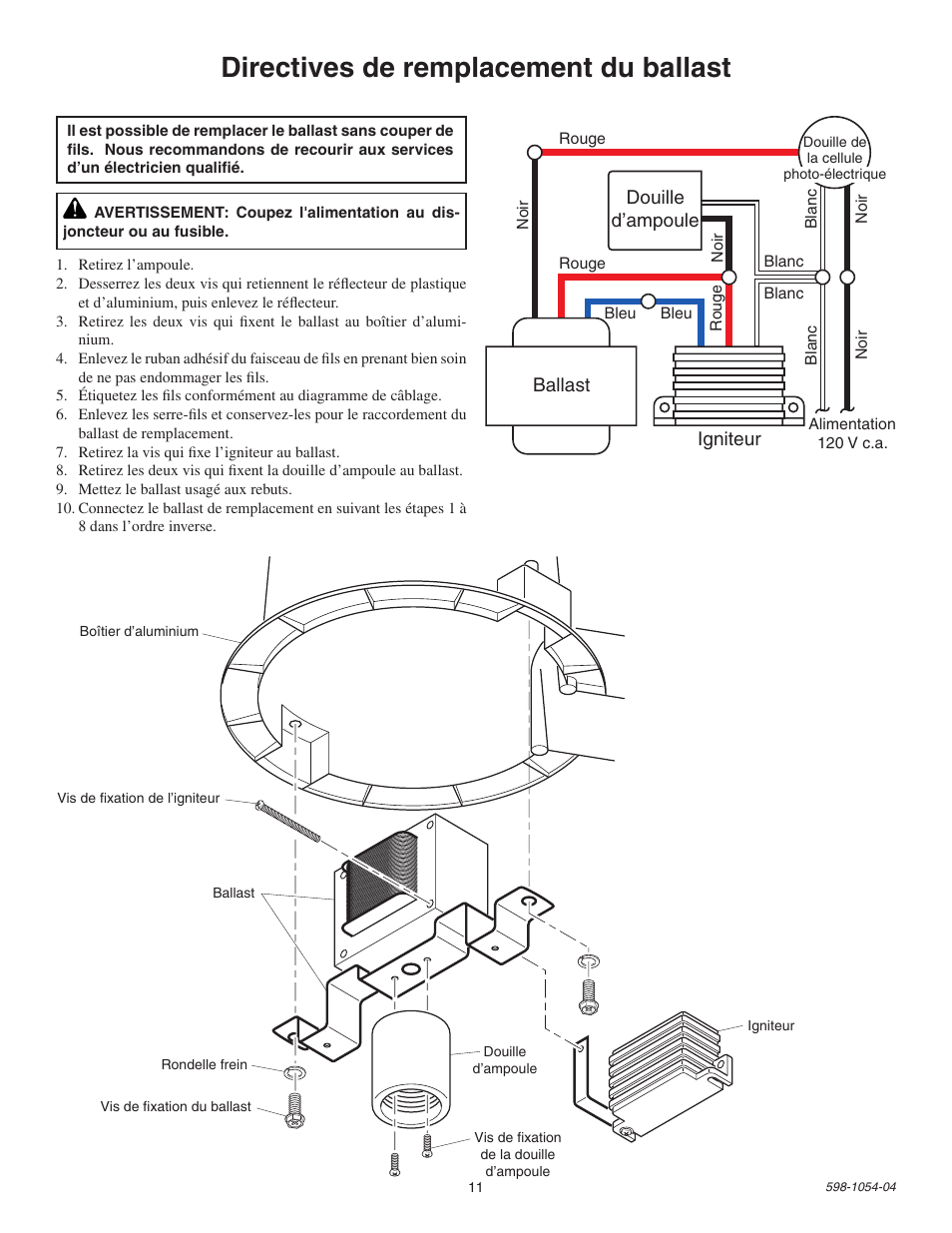 Directives de remplacement du ballast, Douille d’ampoule ballast igniteur | Heath Zenith Energy Star SL-5666 User Manual | Page 11 / 12