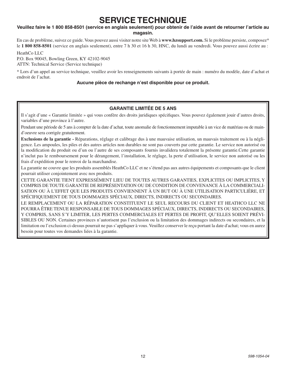 Service technique | Heath Zenith Energy Star SL-5666 User Manual | Page 12 / 12