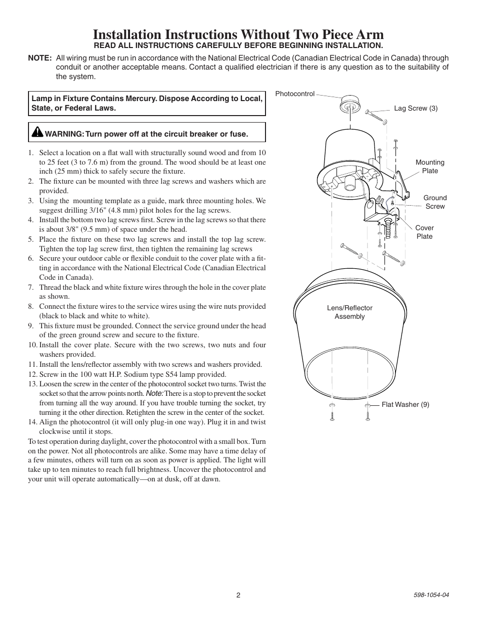 Installation instructions without two piece arm | Heath Zenith Energy Star SL-5666 User Manual | Page 2 / 12