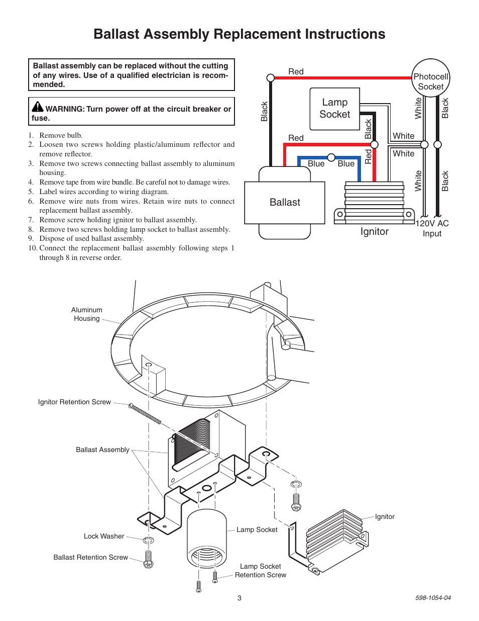 Ballast assembly replacement instructions, Lamp socket, Ballast ignitor | Heath Zenith Energy Star SL-5666 User Manual | Page 3 / 12