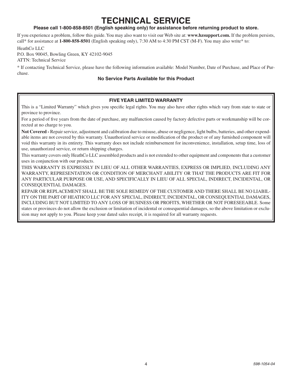 Technical service | Heath Zenith Energy Star SL-5666 User Manual | Page 4 / 12