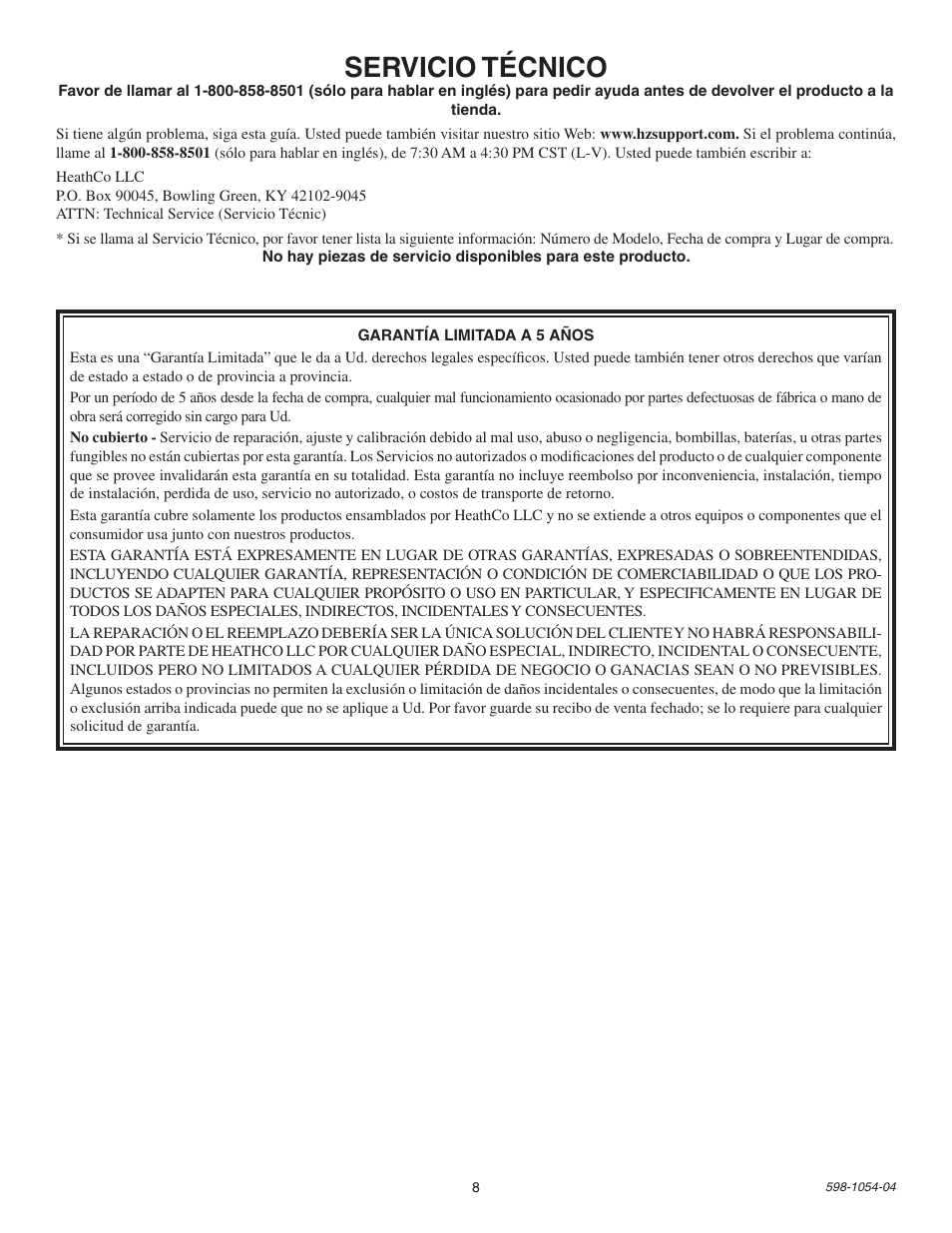 Servicio técnico | Heath Zenith Energy Star SL-5666 User Manual | Page 8 / 12