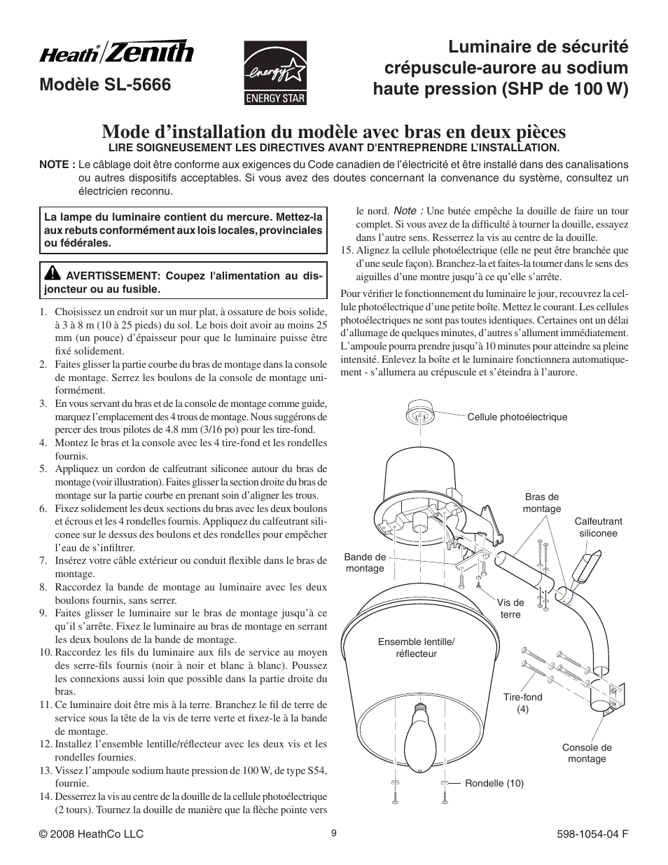 Modèle sl-5666 | Heath Zenith Energy Star SL-5666 User Manual | Page 9 / 12