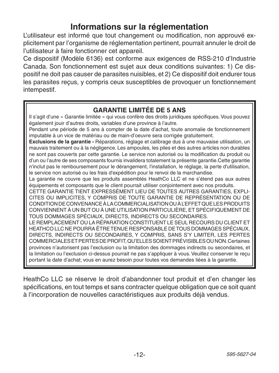 Informations sur la réglementation | Heath Zenith Wireless Lamp/Outlet Modules 6138 User Manual | Page 12 / 12