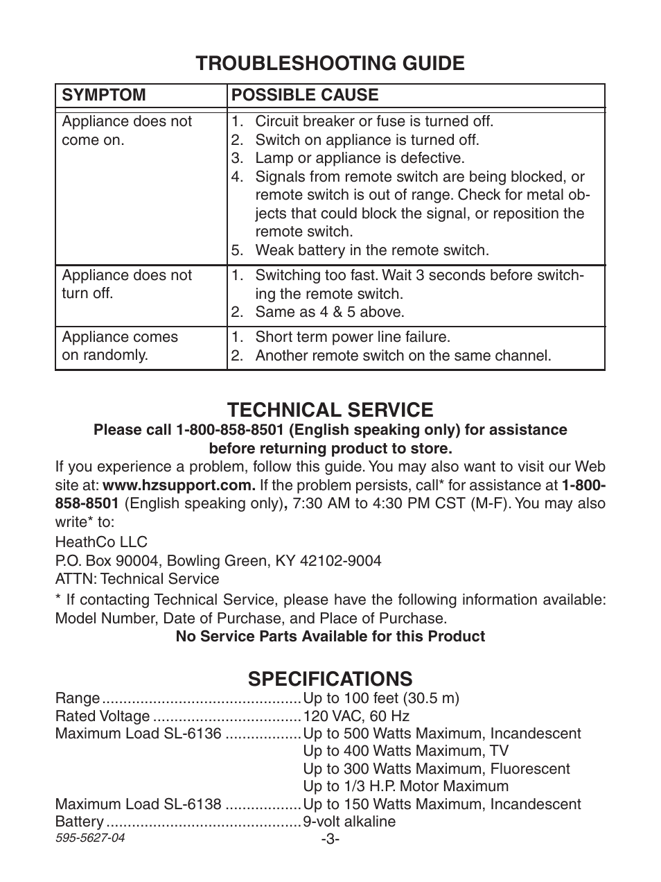 Troubleshooting guide, Specifications, Technical service | Heath Zenith Wireless Lamp/Outlet Modules 6138 User Manual | Page 3 / 12