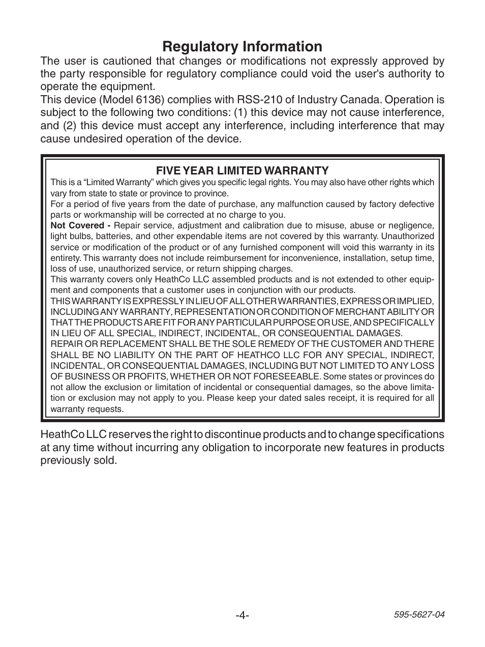 Regulatory information | Heath Zenith Wireless Lamp/Outlet Modules 6138 User Manual | Page 4 / 12