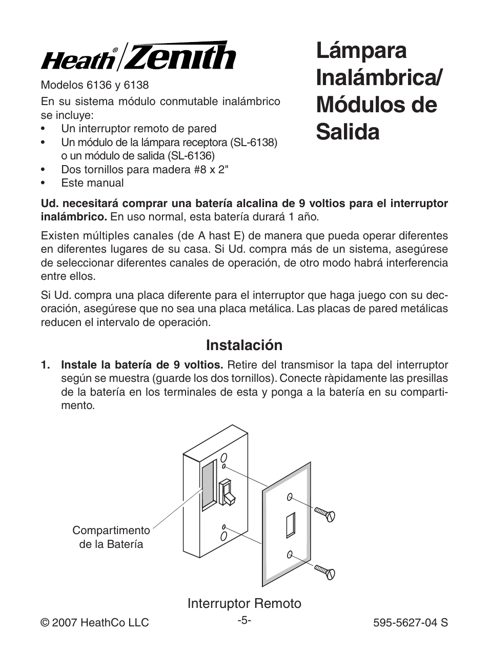 Lámpara inalámbrica/ módulos de salida, Instalación | Heath Zenith Wireless Lamp/Outlet Modules 6138 User Manual | Page 5 / 12