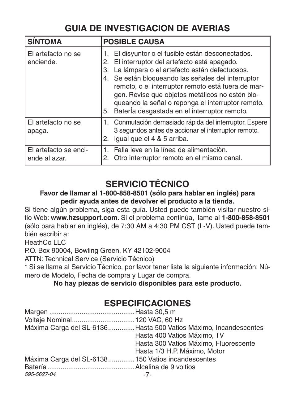 Guia de investigacion de averias, Especificaciones, Servicio técnico | Heath Zenith Wireless Lamp/Outlet Modules 6138 User Manual | Page 7 / 12