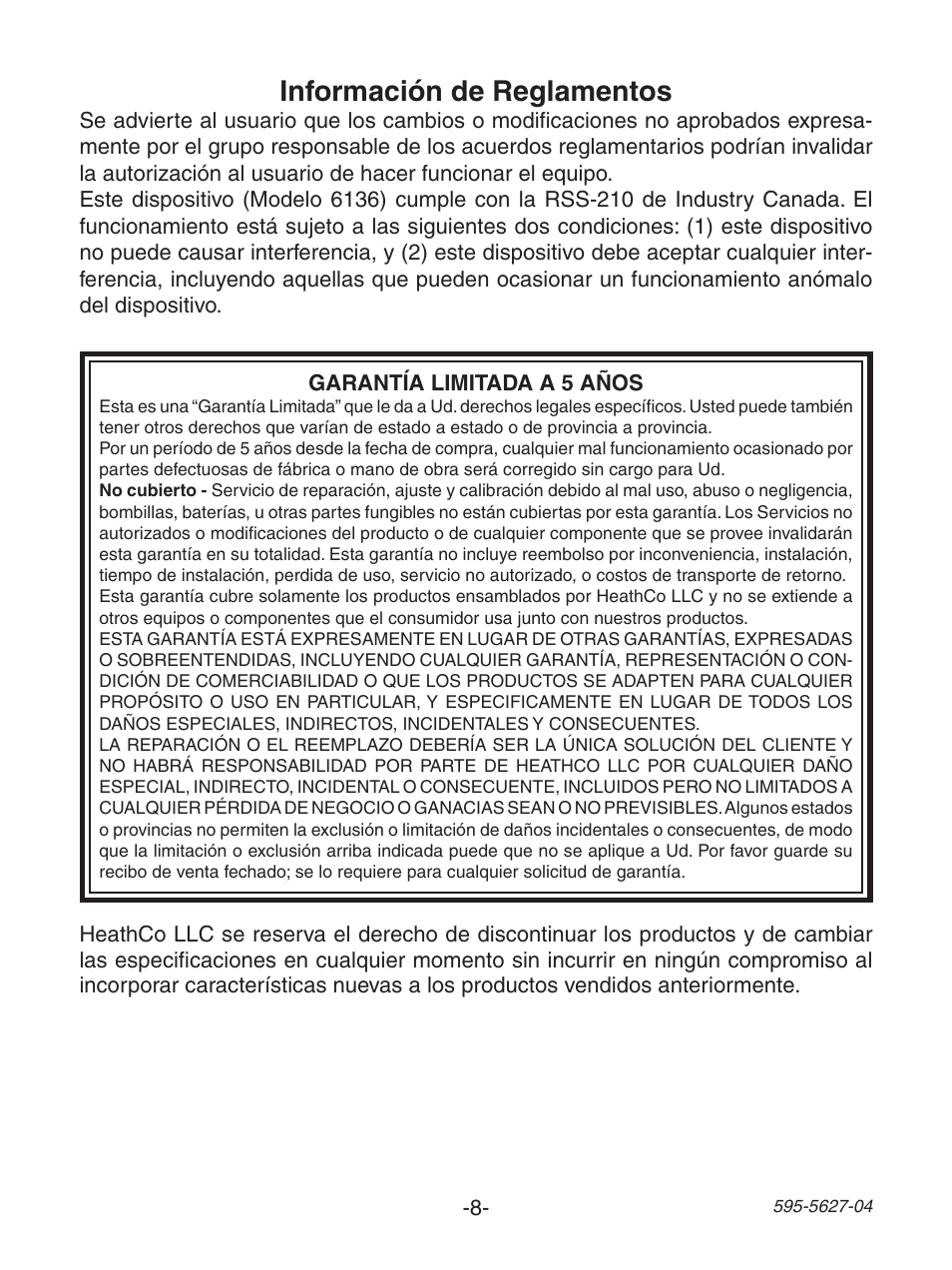 Información de reglamentos | Heath Zenith Wireless Lamp/Outlet Modules 6138 User Manual | Page 8 / 12