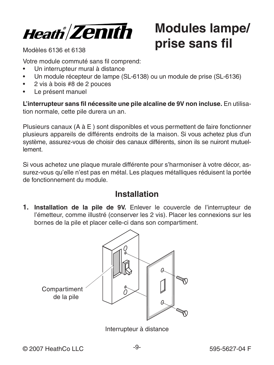 Modules lampe/ prise sans fil, Installation | Heath Zenith Wireless Lamp/Outlet Modules 6138 User Manual | Page 9 / 12