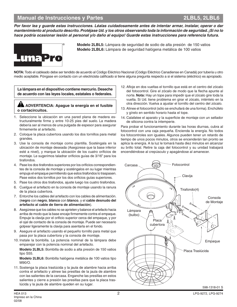 Manual de instrucciones y partes 2lbl5, 2lbl6 | Heath Zenith 2LBL6 User Manual | Page 2 / 4