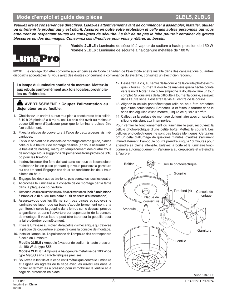 Mode d’emploi et guide des pièces 2lbl5, 2lbl6 | Heath Zenith 2LBL6 User Manual | Page 3 / 4