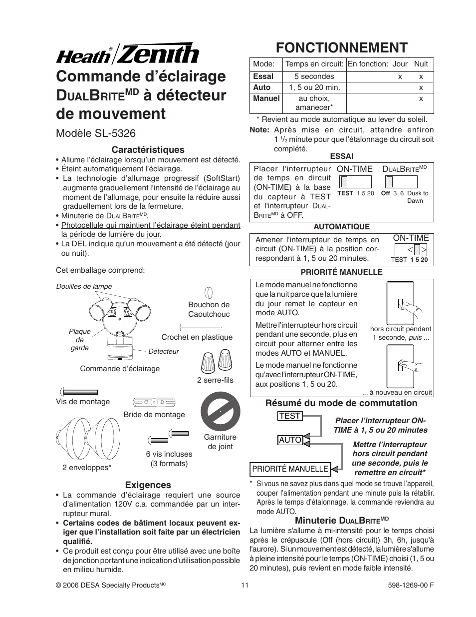 Commande d’éclairage d, À détecteur de mouvement, Fonctionnement | Modèle sl-5326, Rite | Heath Zenith SL-5326 User Manual | Page 11 / 16