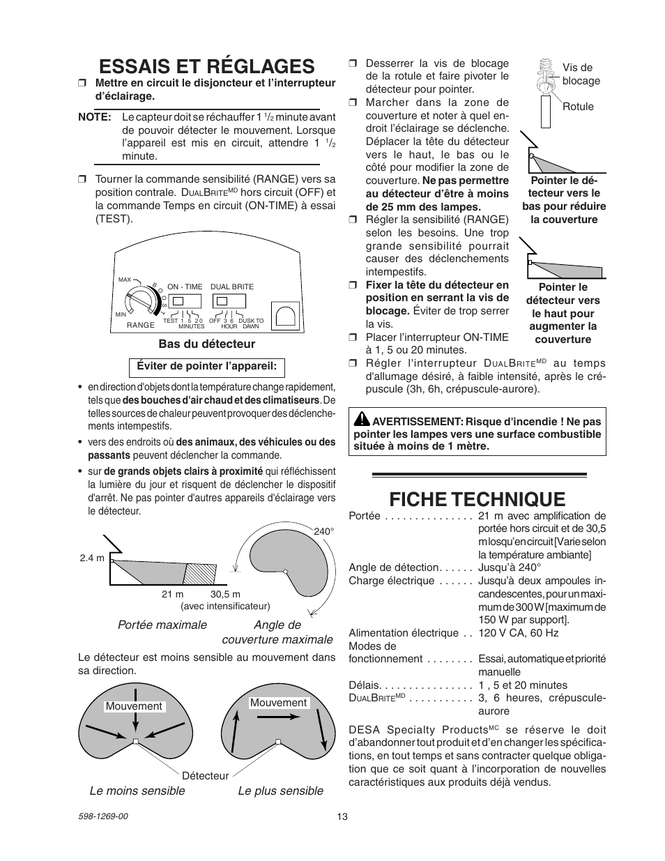 Essais et réglages, Fiche technique | Heath Zenith SL-5326 User Manual | Page 13 / 16