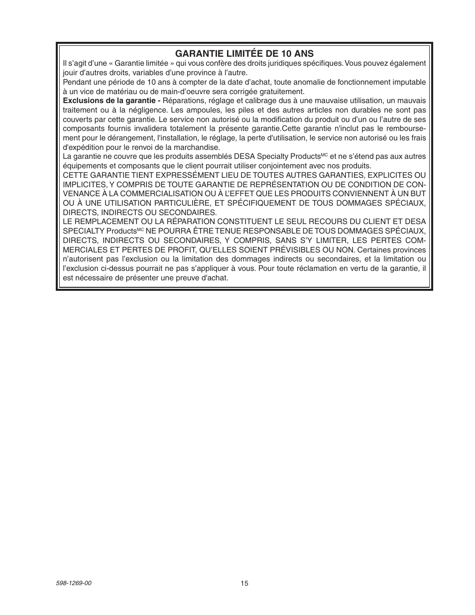 Garantie limitée de 10 ans | Heath Zenith SL-5326 User Manual | Page 15 / 16