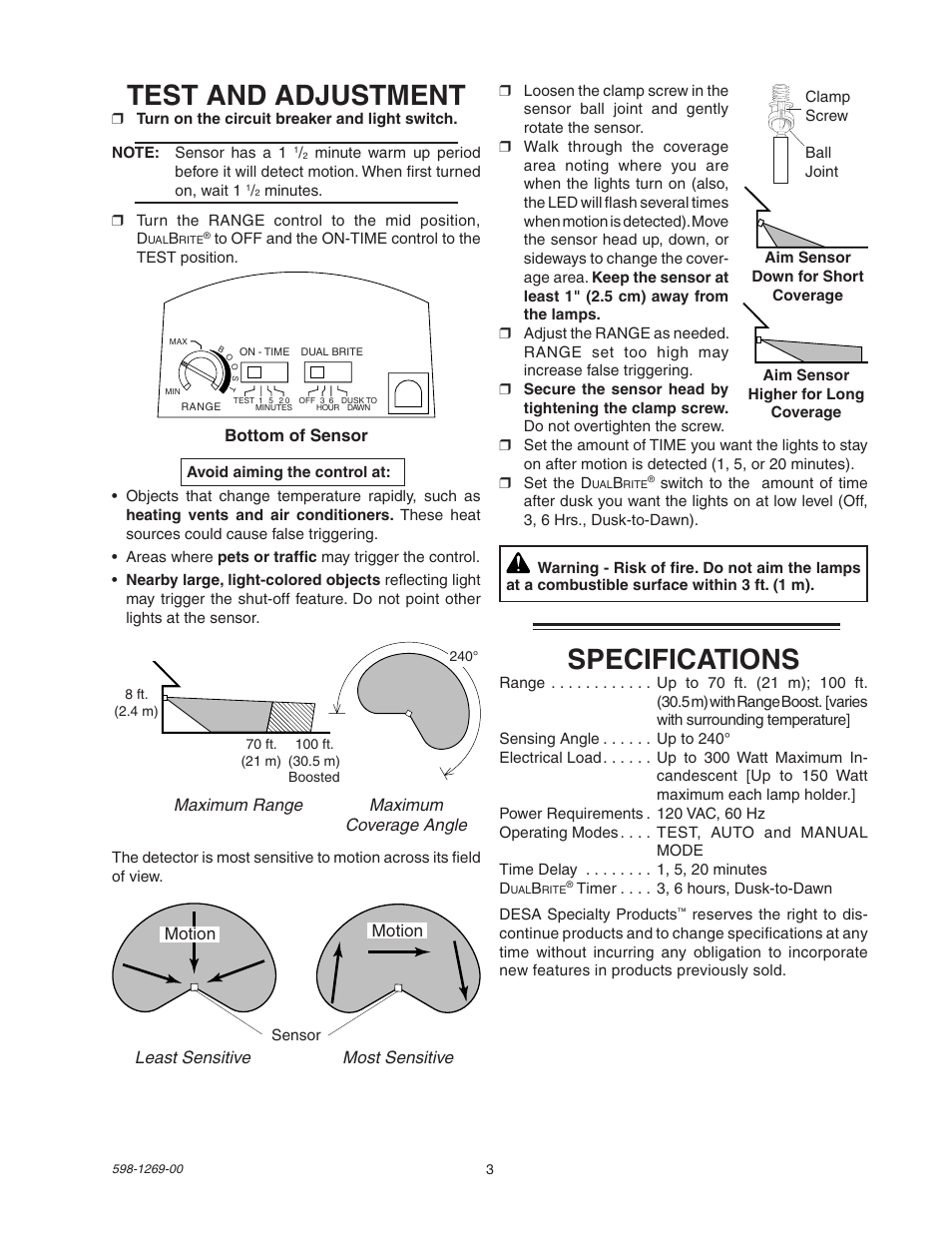 Test and adjustment, Specifications | Heath Zenith SL-5326 User Manual | Page 3 / 16