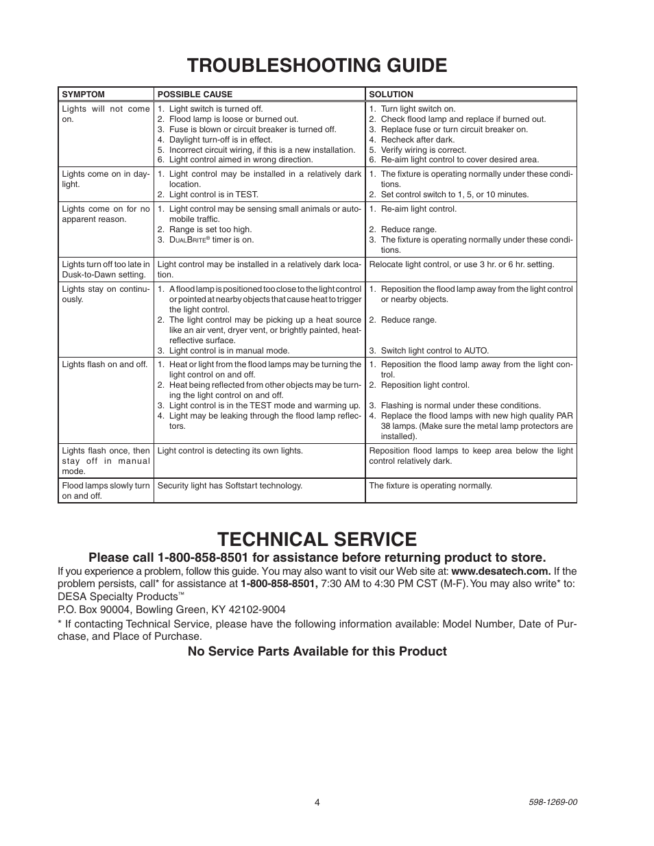 Troubleshooting guide technical service, No service parts available for this product | Heath Zenith SL-5326 User Manual | Page 4 / 16