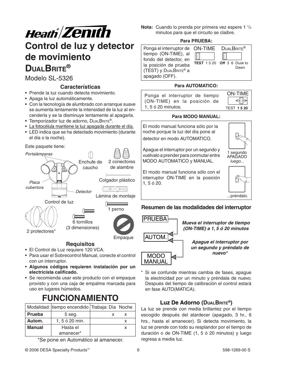 Control de luz y detector de movimiento d, Funcionamiento, Rite | Modelo sl-5326, Prueba autom. modo manual | Heath Zenith SL-5326 User Manual | Page 6 / 16