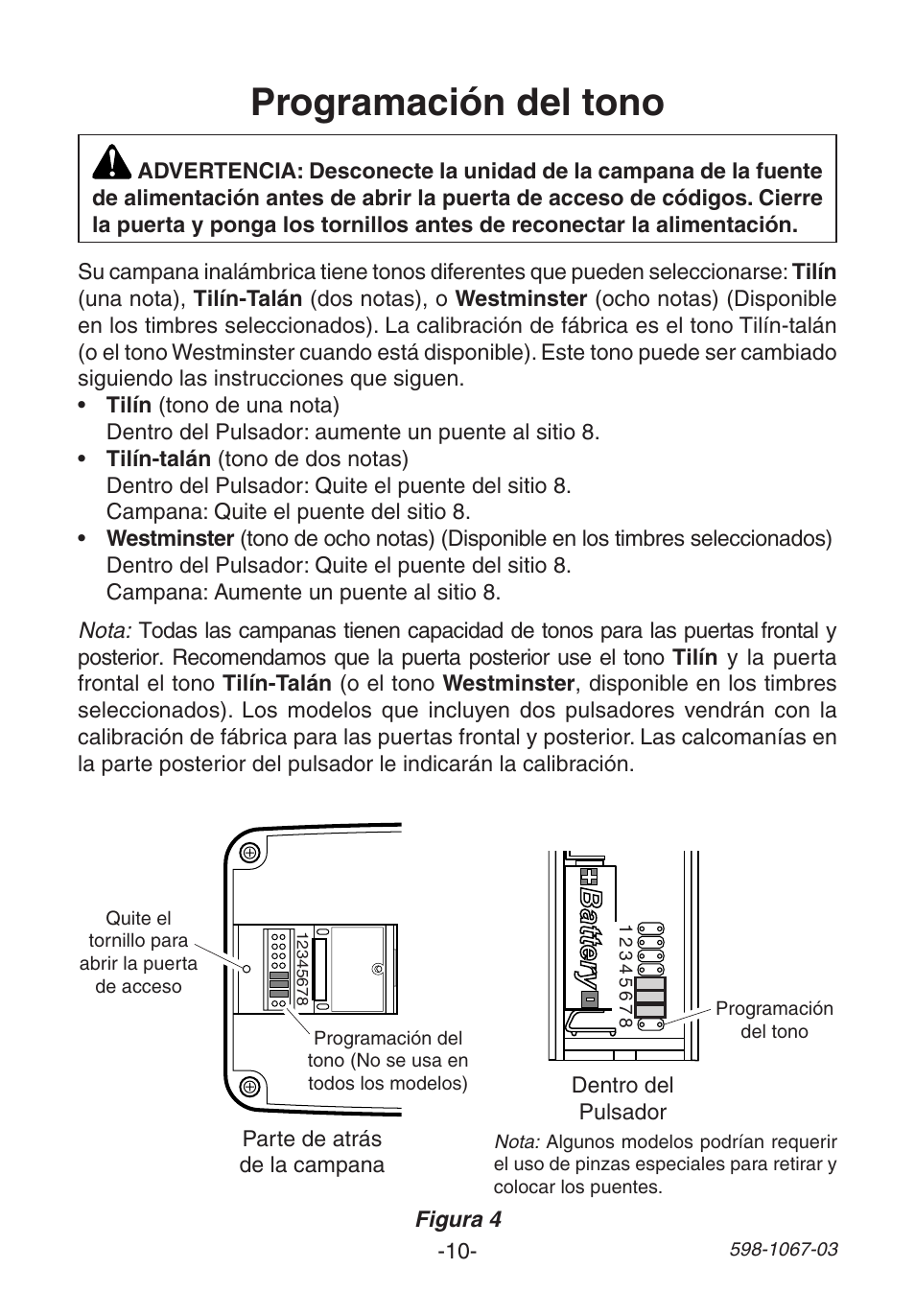 Programación del tono | Heath Zenith Wireless Plug-In Chime 598-1067-03 User Manual | Page 10 / 24