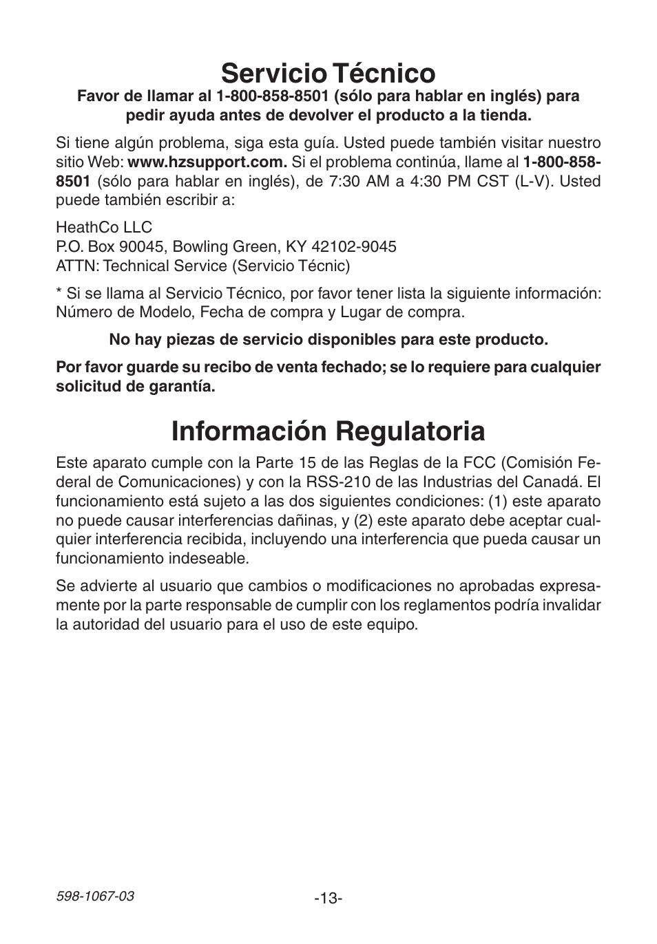 Servicio técnico, Información regulatoria | Heath Zenith Wireless Plug-In Chime 598-1067-03 User Manual | Page 13 / 24