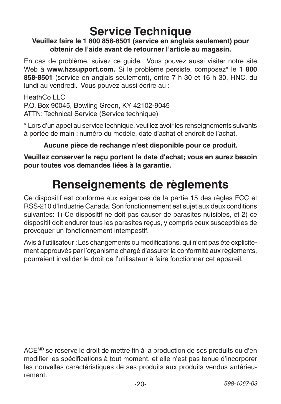 Service technique, Renseignements de règlements | Heath Zenith Wireless Plug-In Chime 598-1067-03 User Manual | Page 20 / 24