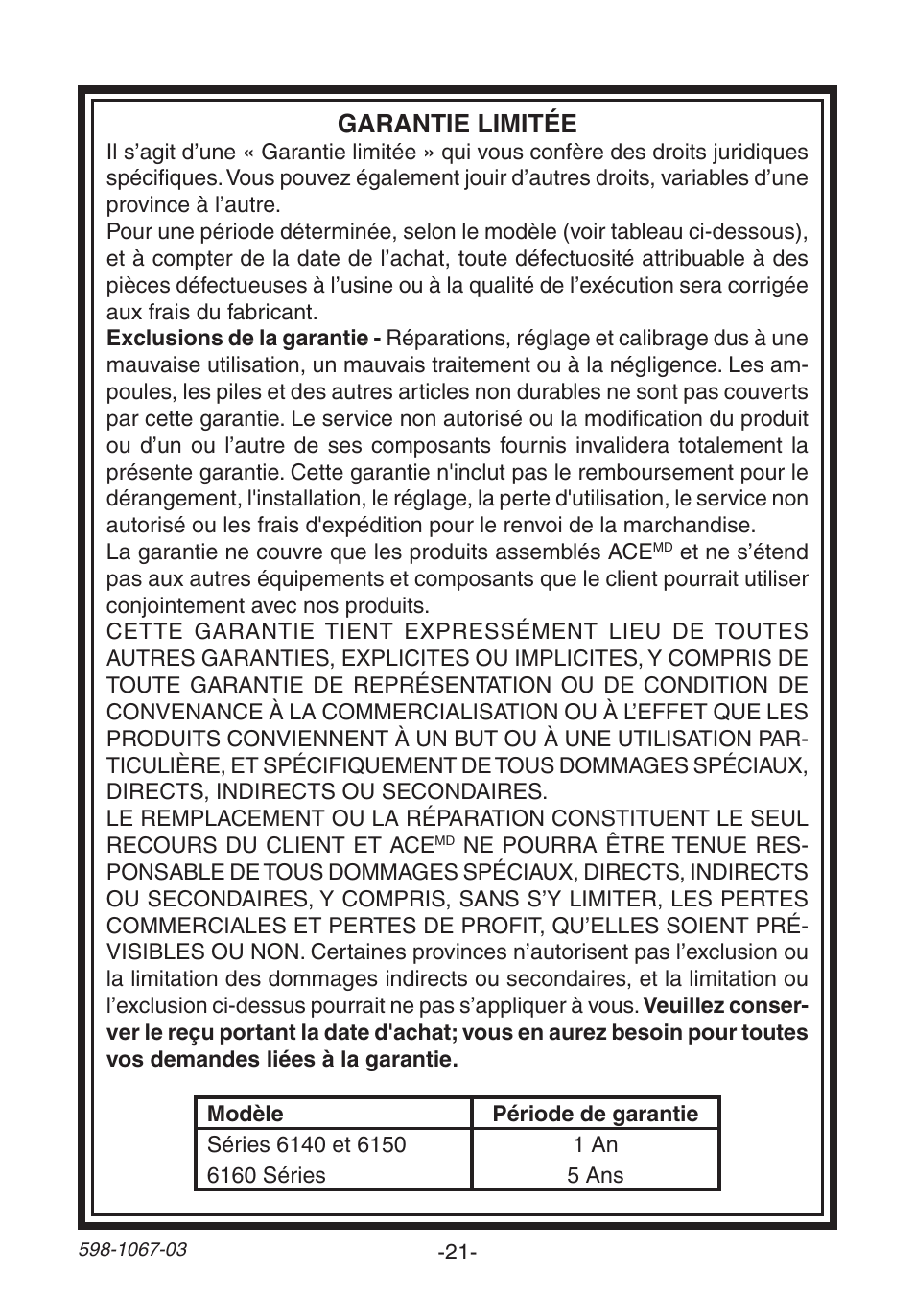 Garantie limitée | Heath Zenith Wireless Plug-In Chime 598-1067-03 User Manual | Page 21 / 24