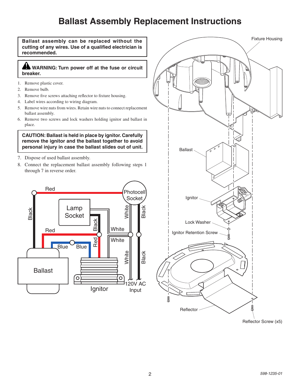 Ballast assembly replacement instructions, Lamp socket, Ballast ignitor | Heath Zenith SL-5679 User Manual | Page 2 / 8