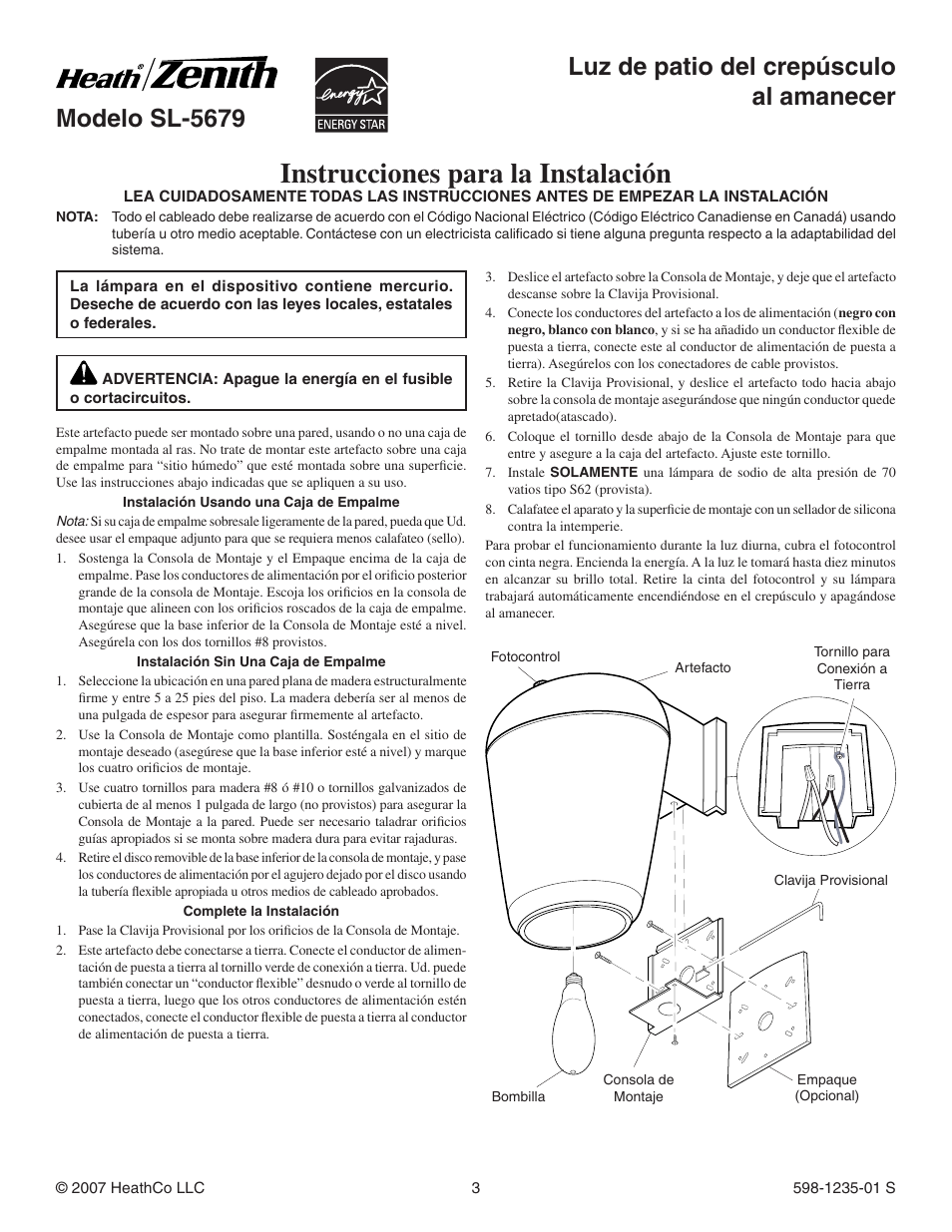Instrucciones para la instalación | Heath Zenith SL-5679 User Manual | Page 3 / 8