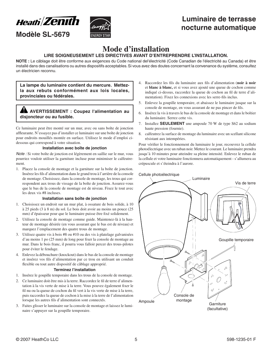 Mode d’installation | Heath Zenith SL-5679 User Manual | Page 5 / 8