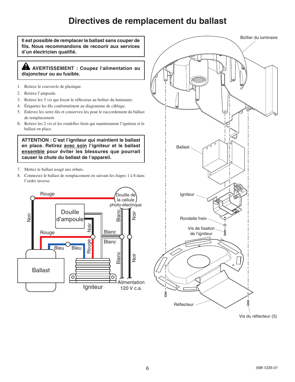 Directives de remplacement du ballast, Douille d’ampoule ballast igniteur | Heath Zenith SL-5679 User Manual | Page 6 / 8