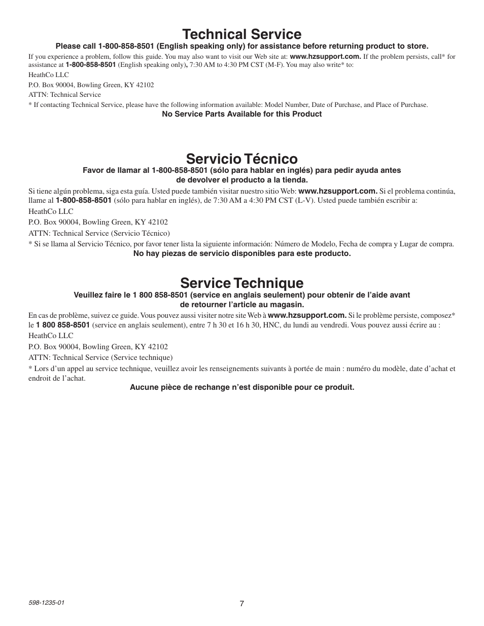 Technical service, Servicio técnico, Service technique | Heath Zenith SL-5679 User Manual | Page 7 / 8