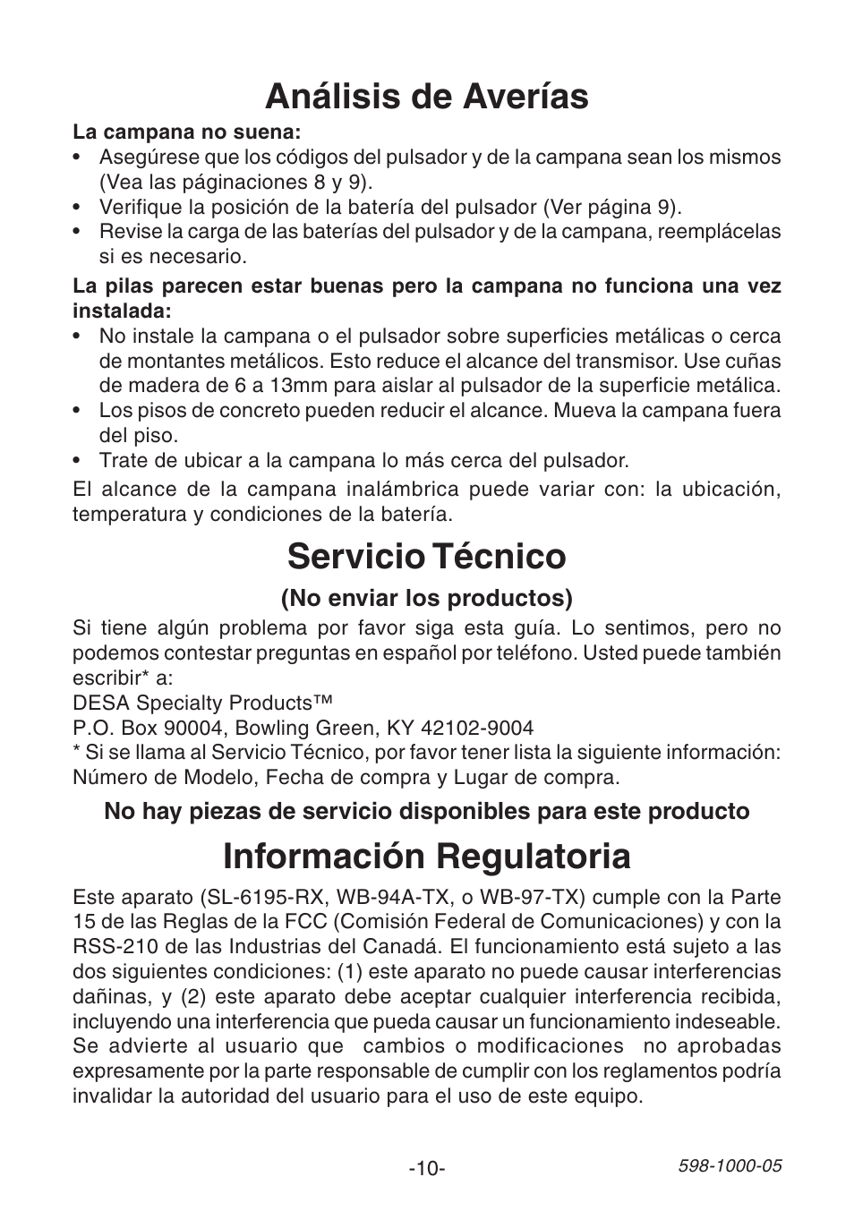 Análisis de averías, Información regulatoria, Servicio técnico | Heath Zenith DECORATIVE WIRELESS SL-6155 User Manual | Page 10 / 20