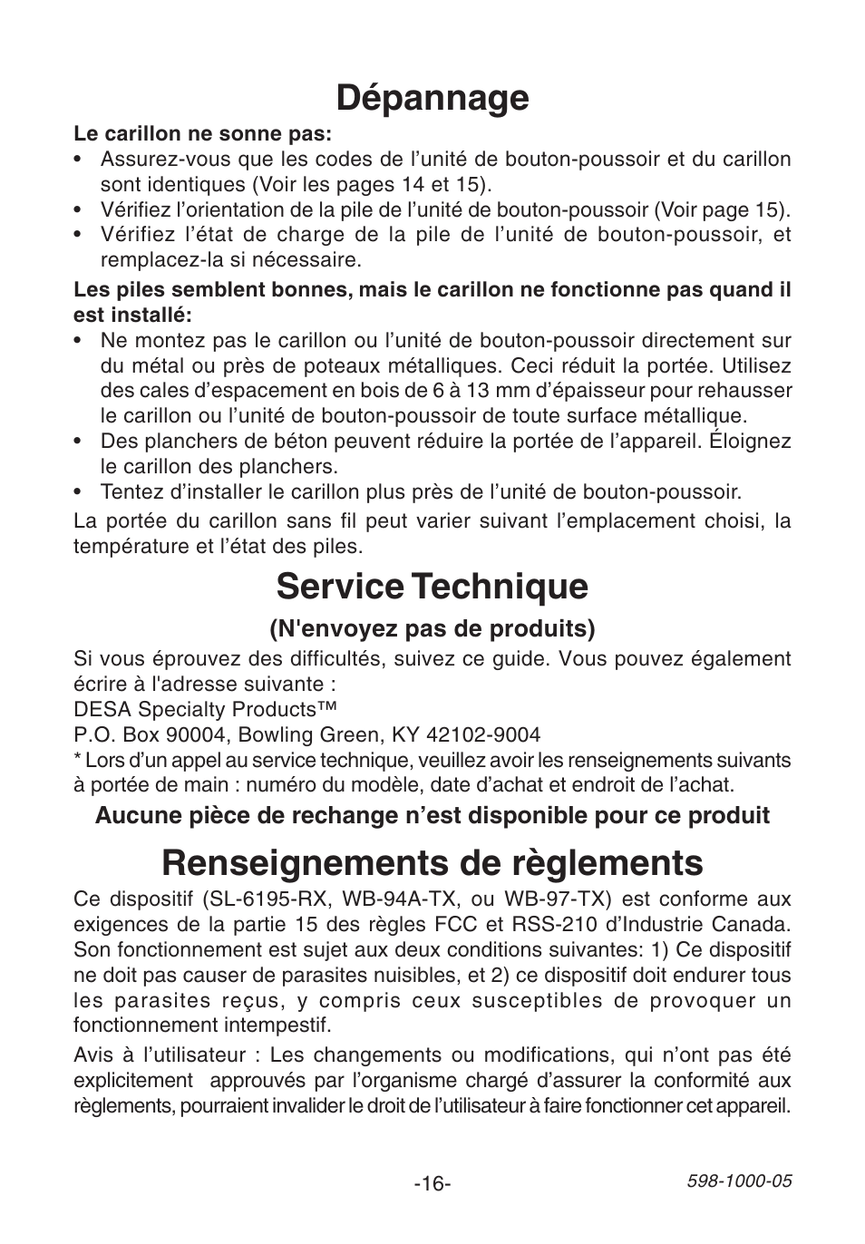 Dépannage, Renseignements de règlements, Service technique | Heath Zenith DECORATIVE WIRELESS SL-6155 User Manual | Page 16 / 20