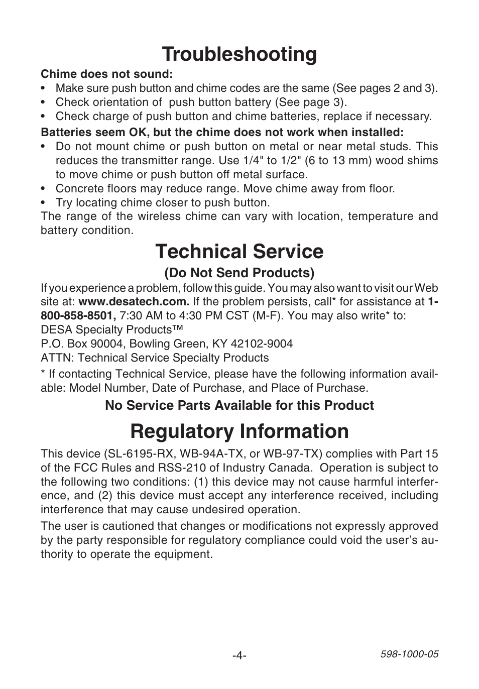 Troubleshooting, Regulatory information, Technical service | Heath Zenith DECORATIVE WIRELESS SL-6155 User Manual | Page 4 / 20