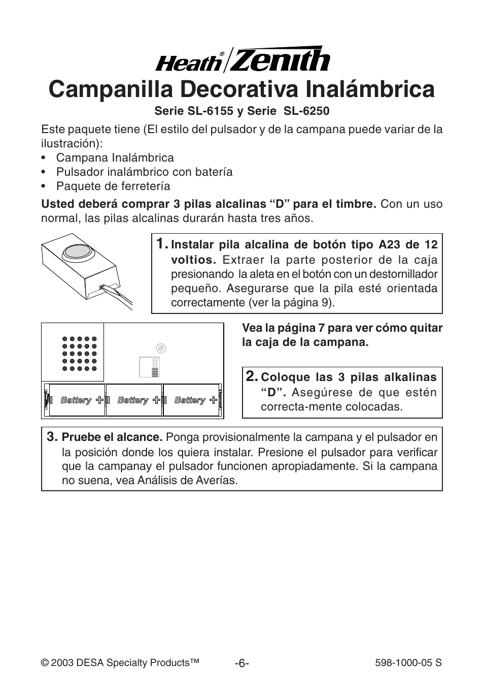 Campanilla decorativa inalámbrica | Heath Zenith DECORATIVE WIRELESS SL-6155 User Manual | Page 6 / 20