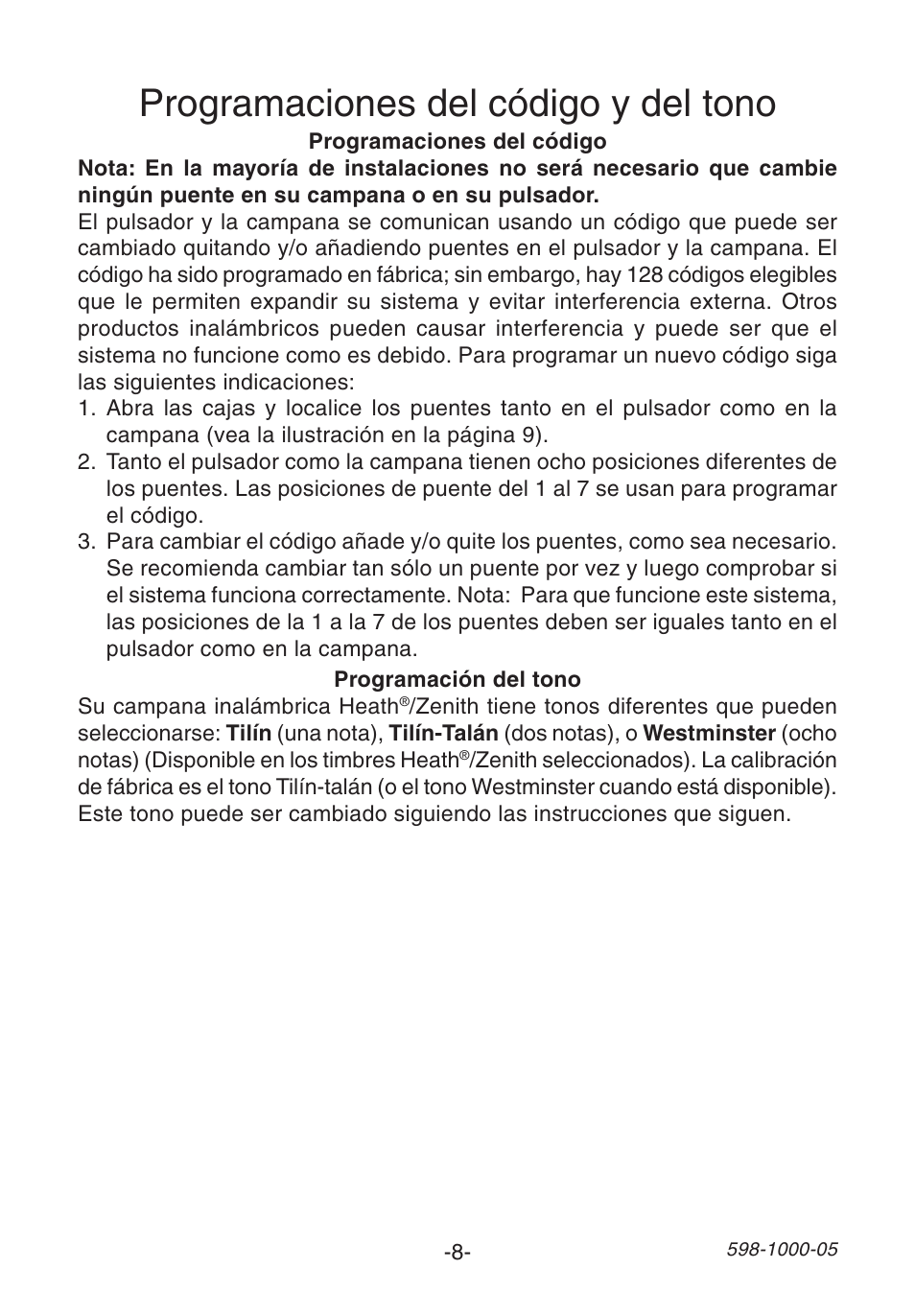 Programaciones del código y del tono | Heath Zenith DECORATIVE WIRELESS SL-6155 User Manual | Page 8 / 20