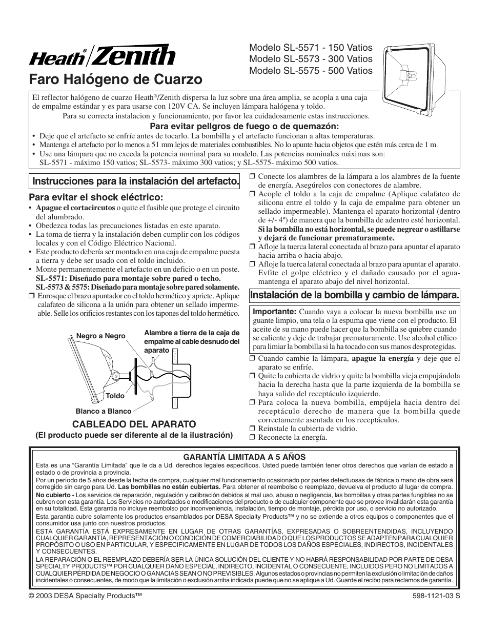 Faro halógeno de cuarzo, Instalación de la bombilla y cambio de lámpara, Instrucciones para la instalación del artefacto | Heath Zenith SL-5575 User Manual | Page 2 / 3