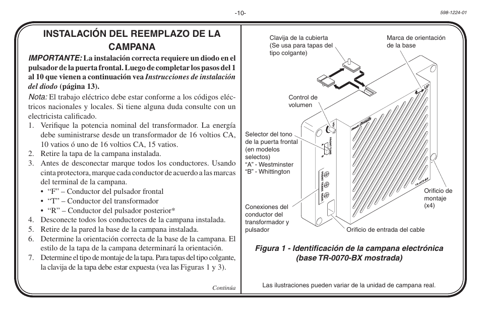 Instalación del reemplazo de la campana | Heath Zenith Hardwired Electronic Chime 598-1224-01 User Manual | Page 10 / 24