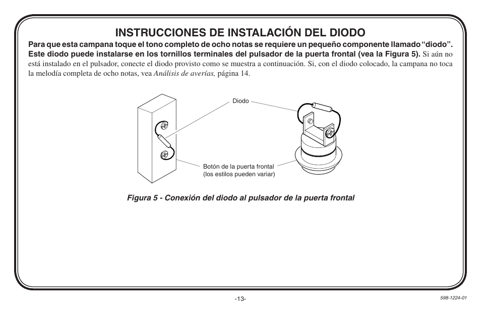 Instrucciones de instalación del diodo | Heath Zenith Hardwired Electronic Chime 598-1224-01 User Manual | Page 13 / 24