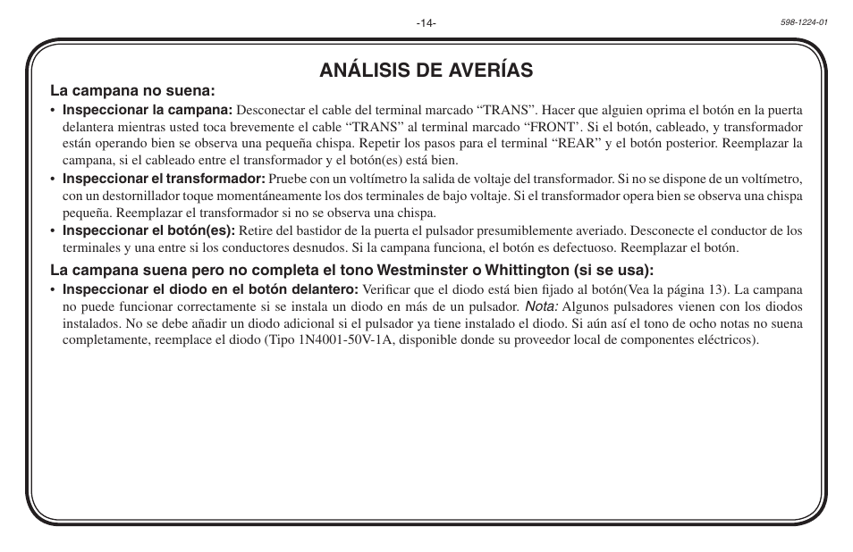 Análisis de averías | Heath Zenith Hardwired Electronic Chime 598-1224-01 User Manual | Page 14 / 24