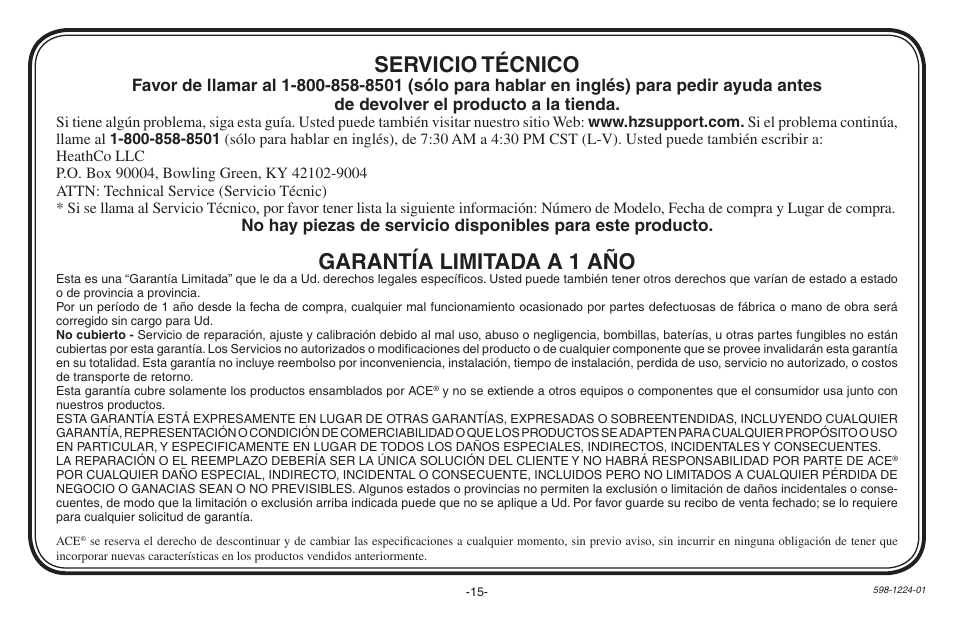 Garantía limitada a 1 año, Servicio técnico | Heath Zenith Hardwired Electronic Chime 598-1224-01 User Manual | Page 15 / 24